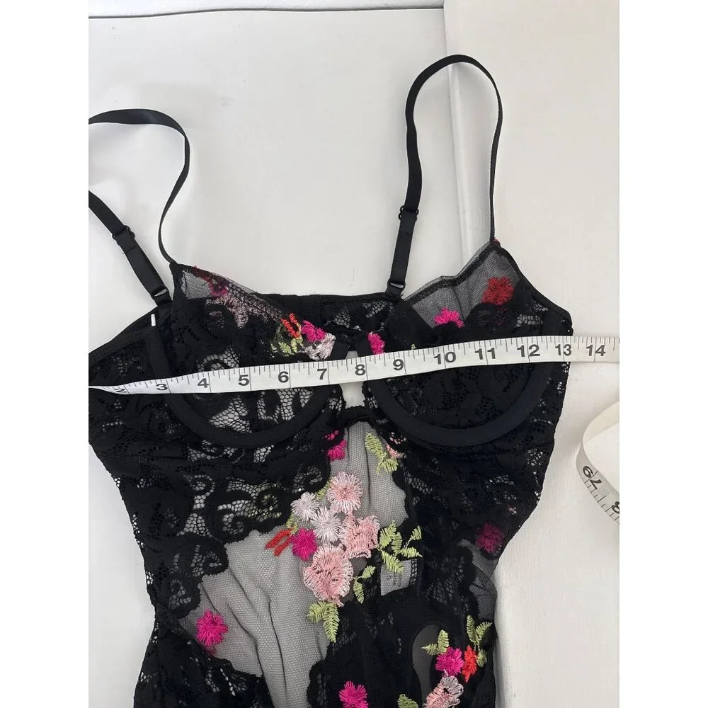 Y2K Bodysuit Small Sheer Lace Floral Embroidered Black Mesh Open Back Lingerie - Picture 6 of 16
